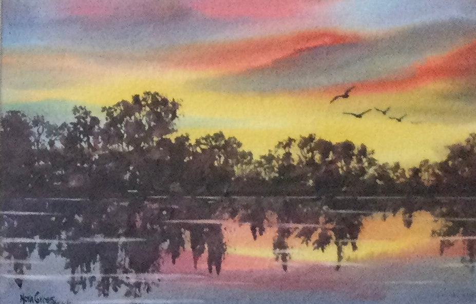 Bisset Lake Sunset – framed watercolour by Nora Gross, 12.5" x 15.5"
