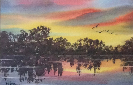 Bisset Lake Sunset – framed watercolour by Nora Gross, 12.5" x 15.5"