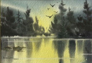 Watercolour by Nora Gross showing golden sunrise reflected on water, dark trees and birds in the sky.