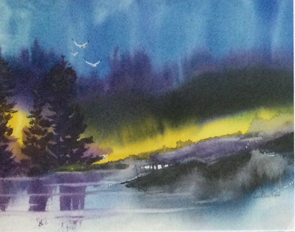 Nora Gross watercolour showing white gulls in a blue-violet sky above dark trees, golden coastal light and reflective water.