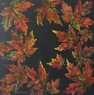 Nature's Beauty by Nora Gross, an acrylic painting of red, rust, gold, and green autumn leaves against a dark background.