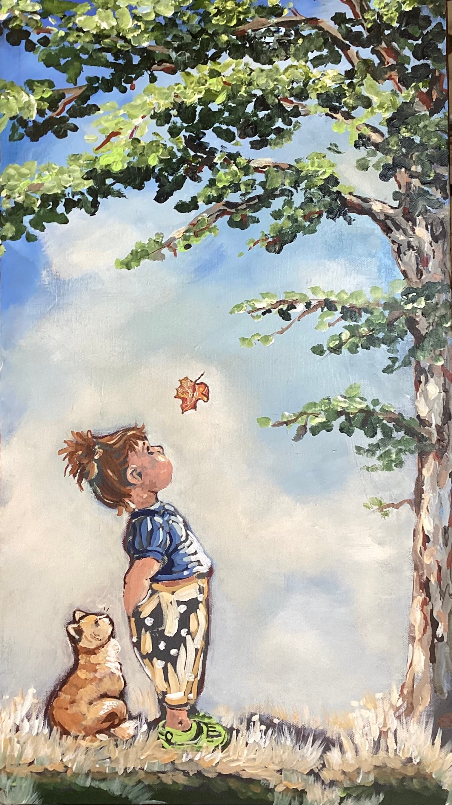 September's Promise by Christine Sonntag - child and cat gazing up at a falling autumn leaf beneath a tree