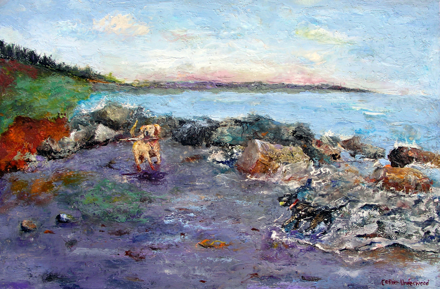 Paws in the Surf by Colleen Underwood - Encaustics & Oil, Labradors playing at Clam Harbour Beach Nova Scotia, 36" x 24"