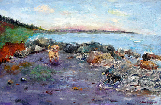 Paws in the Surf by Colleen Underwood - Encaustics & Oil, Labradors playing at Clam Harbour Beach Nova Scotia, 36" x 24"