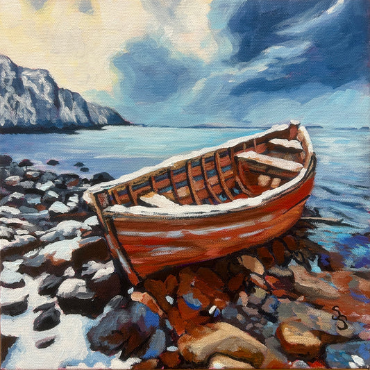 Quiet Vessel Beneath a Shifting Sky (12” x 12”)