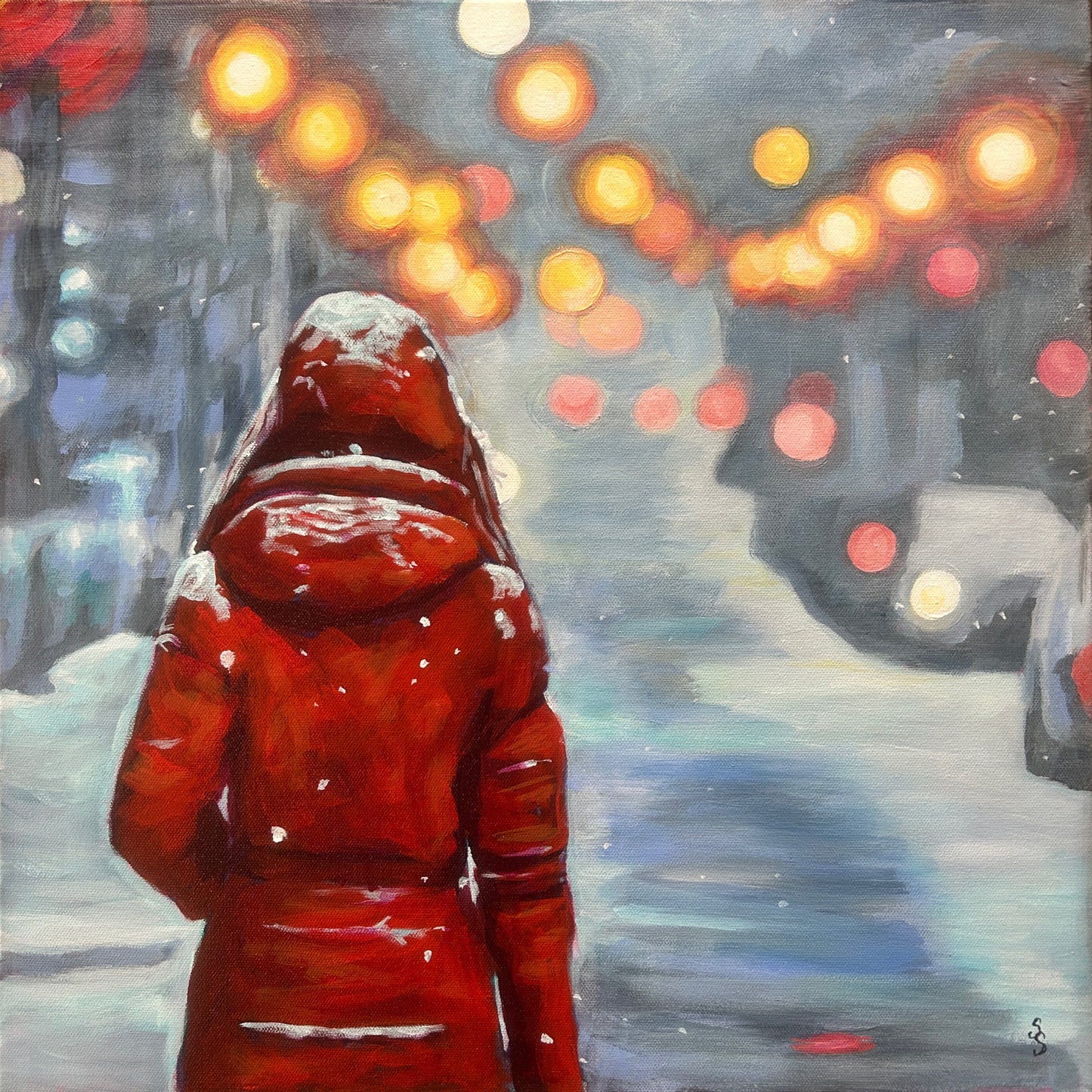 Red Beacon In A Winter Storm (20” x 20”)