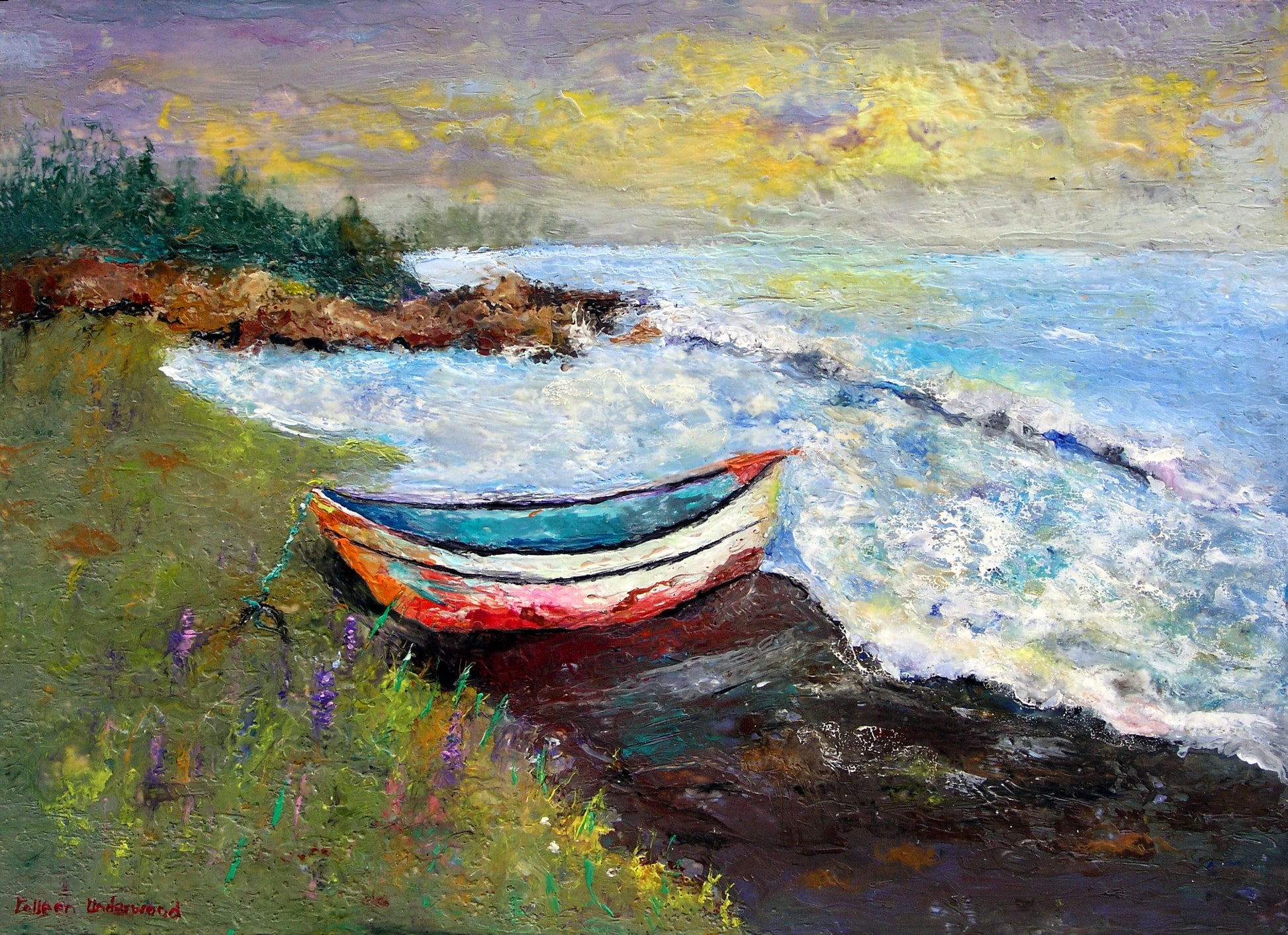 Reflections on Retirement by Colleen Underwood - Encaustics & Oil, weathered dory on a Nova Scotia shoreline, 30" x 22"