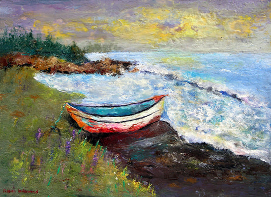 Reflections on Retirement by Colleen Underwood - Encaustics & Oil, weathered dory on a Nova Scotia shoreline, 30" x 22"