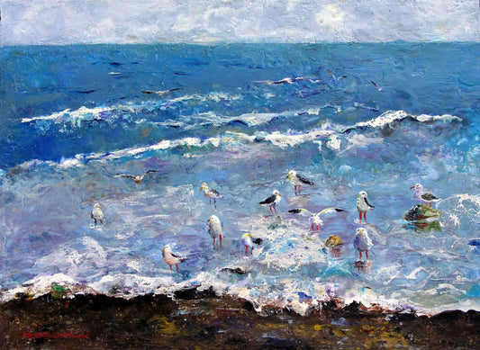Shoreline Buffet by Colleen Underwood - Encaustics & Oil, sandpipers on a Nova Scotia shoreline, 36" x 12"