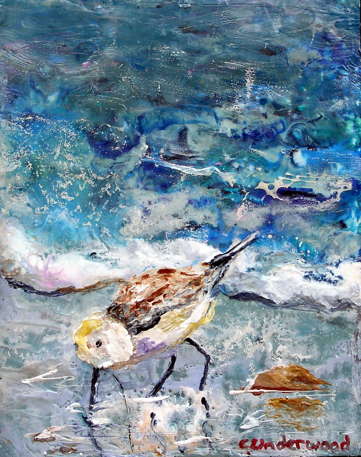 The Piper by Colleen Underwood - Encaustics & Oil, sandpiper at low tide, 8" x 10"