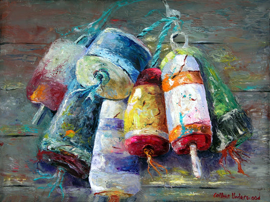 Weathered Together by Colleen Underwood - Encaustics & Oil, weathered lobster buoys, 24" x 18"