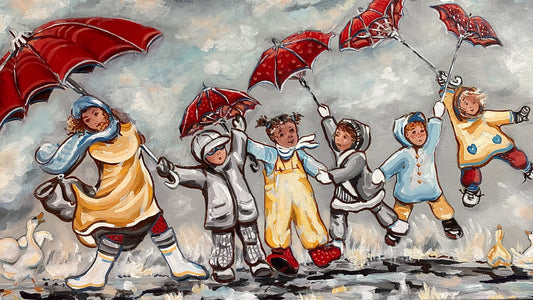 Red Umbrellas and Angry Ducks (12" x 24")