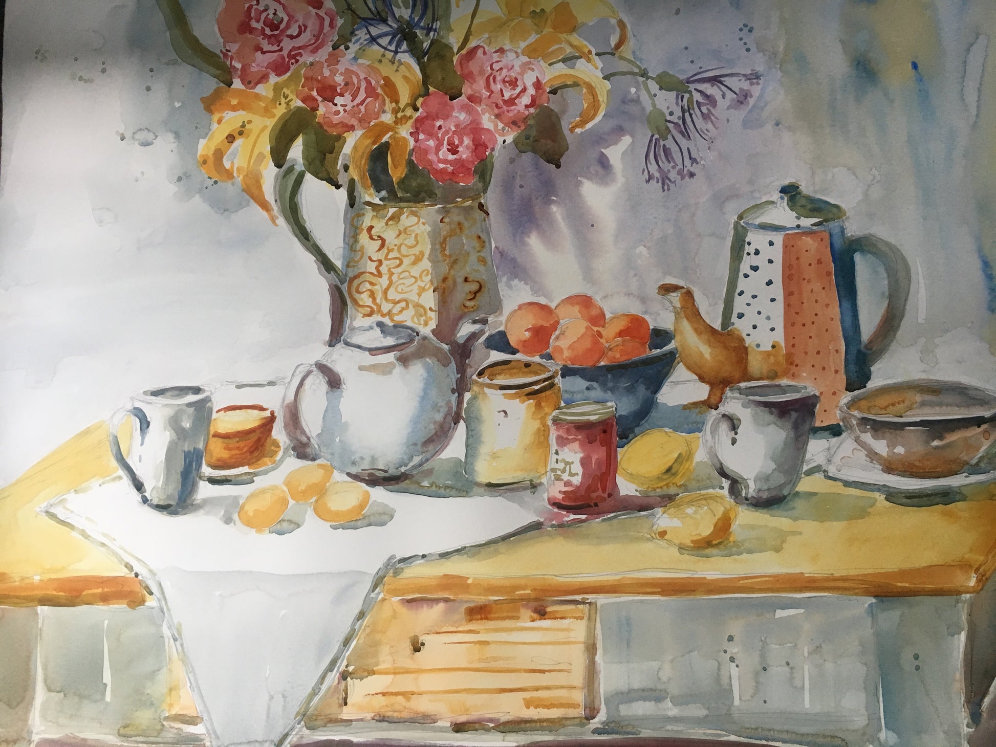 Framed watercolour - Breakfast Table with Floral Bouquet and Bowl of oranges