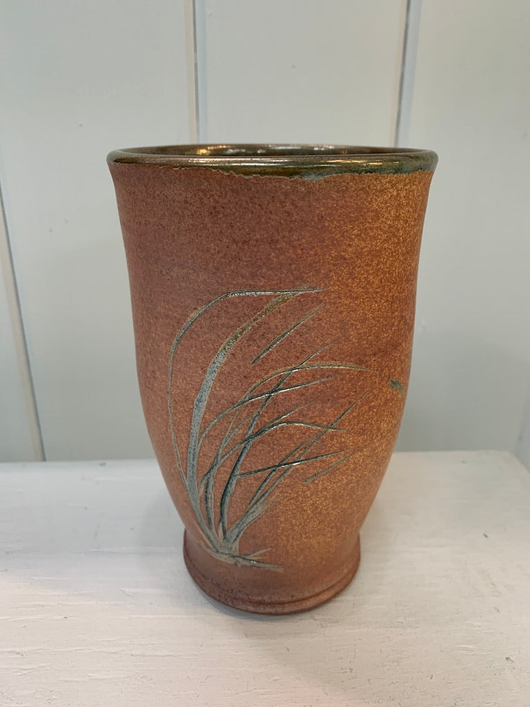 Carved Beach Grass Raku Vase, Blue green lustre and deep rust Fuming